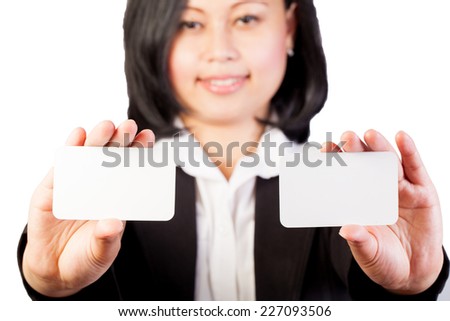 Woman holding blank two white business card