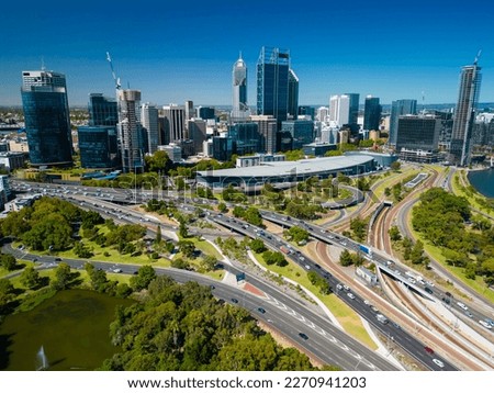 Aerial view of Perth city and highway traffic in Australia Royalty-Free Stock Photo #2270941203