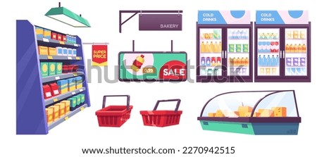 Isolated grocery store fridge cartoon vector set. Supermarket shop interior furniture png collection. Drinks and food shelf illustration and products basket for hypermarket. Merchandise rack design Royalty-Free Stock Photo #2270942515