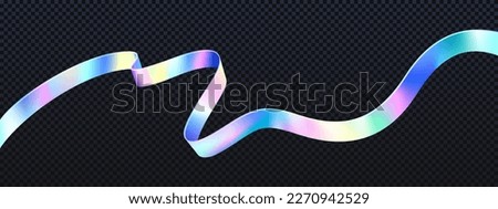 Abstract holographic tape isolated on transparent background. Vector realistic illustration of silver wavy ribbon with rainbow color effect, reflective surface and metallic texture. Design element