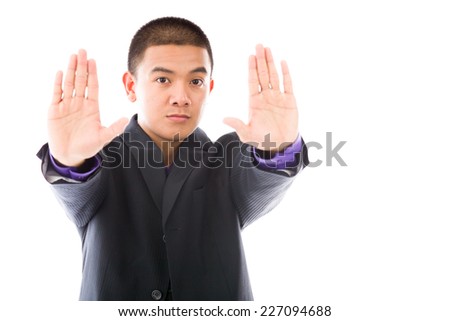 model isolated on plain background stop sign with hands