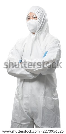 Worker wears medical protective suit or white coverall suit with mask and goggles fold arms isolated on white background Royalty-Free Stock Photo #2270956525