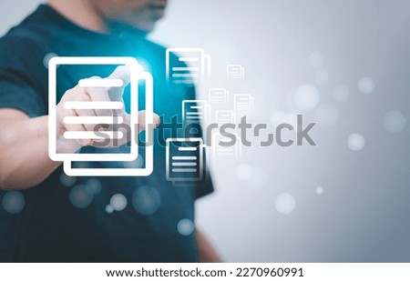 a person touching a virtual screen to access information, concept management digital transformation Internet of Things, Big Data and Business Processes, Automated Operations, Data Storage