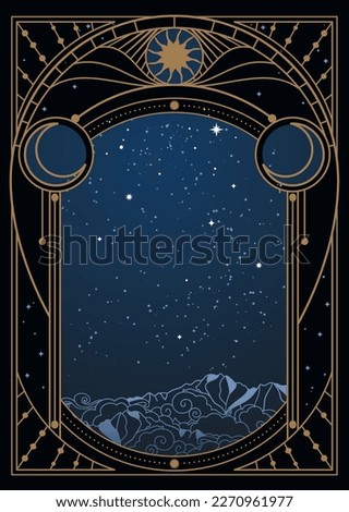 Starry sky over the mountains through the window. Vector illustration