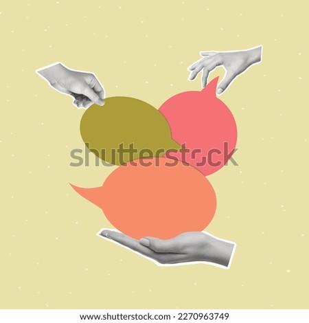 Contemporary art collage of human hands holding dialogue bubble. Concept of communication, news, chat, infographic. Creative design. Copy space.
