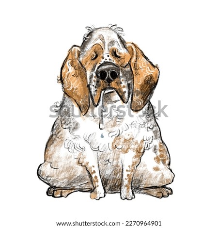 Cute funny cartoon dog character. Clumber Spaniel dog breed raster illustration isolated on white background. For print, design, sublimation, stickers, t shirt and clothes design, decor and postcards