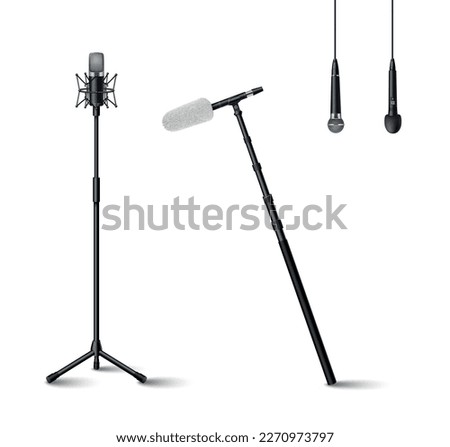Microphone realistic icons set with standing and hanging audio equipment isolated vector illustration