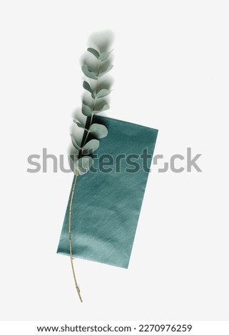 Teal color envelope, blank paper card mock up with branches eucalyptus leaves on white background. Empty colored invitation on table. Minimal modern lifestyle photo. Flat lay, top view, copyspace