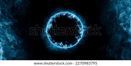 Neon blue color geometric circle on a dark background. Round mystical portal. Mockup for your logo. Futuristic smoke. Mockup for your logo. Royalty-Free Stock Photo #2270983795
