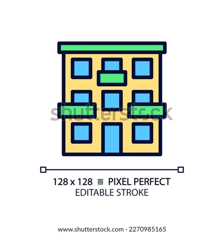 Apartment pixel perfect RGB color icon. Urban building. House exterior. Real estate. Accomodation. Flat with balcony. Isolated vector illustration. Simple filled line drawing. Editable stroke