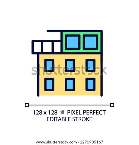 Penthouse pixel perfect RGB color icon. Luxury real estate. Rooftop apartment. Expensive property. Home exterior. Isolated vector illustration. Simple filled line drawing. Editable stroke