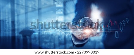 Businessman holding compass to navigate business growth and vision in stock market investment. Smart tools for  business solution with financial strategy to guide decision of business best performance Royalty-Free Stock Photo #2270998019