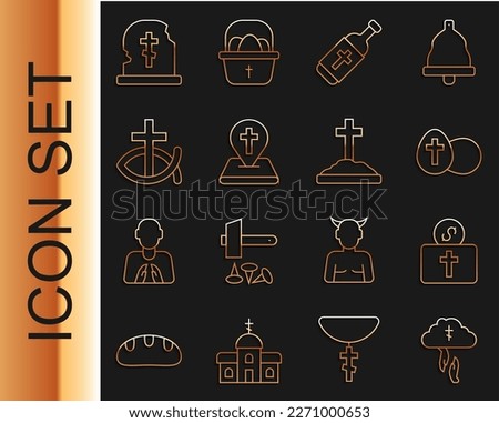 Set line God's helping hand, Donation for church, Easter egg, Holy water bottle, Location building, Christian fish, Grave with tombstone and cross icon. Vector