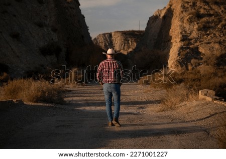 Adult man in cowboy hat against mountain and sky during sunset