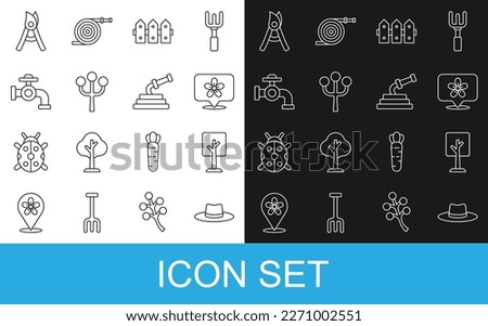 Set line Gardener worker hat, Forest, Location with flower, fence wooden, Blossom tree branch, Water tap, Gardening handmade scissors and hose icon. Vector