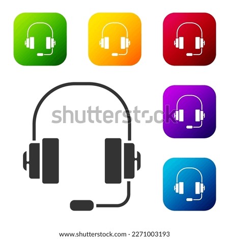 Black Headphones icon isolated on white background. Support customer service, hotline, call center, faq, maintenance. Set icons in color square buttons. Vector Illustration