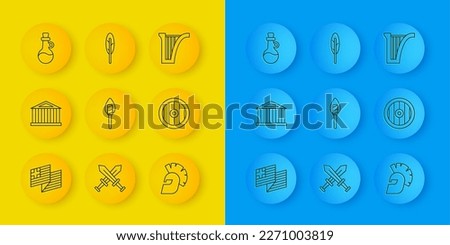 Set line Greece national flag, Parthenon, Torch flame, Greek helmet, shield, Bottle of olive oil, Harp and Feather pen icon. Vector