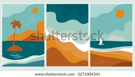 A set of abstract contemporary nature posters. Sea, sand with palm trees, island, boat with sail on the background of sun and clouds. Vector graphics.