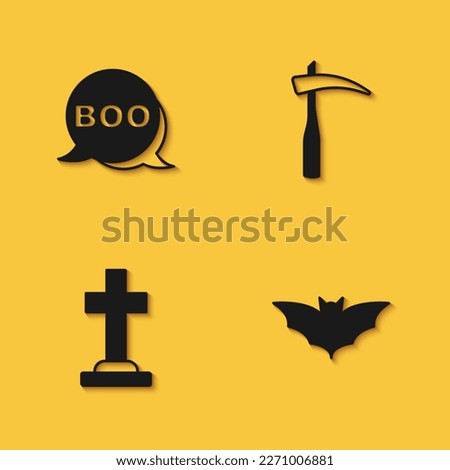 Set Boo speech bubble, Flying bat, Tombstone with cross and Scythe icon with long shadow. Vector