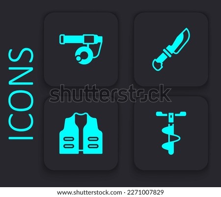 Set Hand ice drill, Fishing rod, Knife and jacket icon. Black square button. Vector