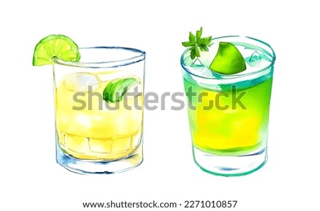 Hand drawn watercolor Set of tropical refreshment cocktails, vector
