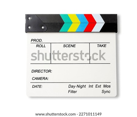 Film slate or Flying clapperboard isolated on white background. Saved clipping path.