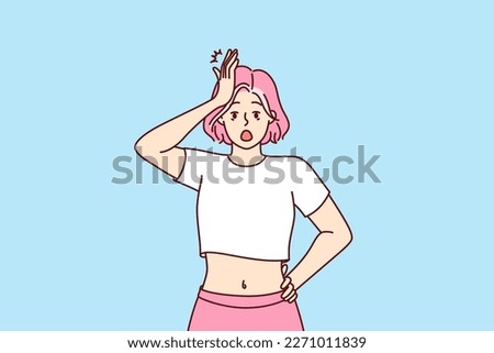 Forgetful shocked girl clutching head, opens mouth wide remembering about things not done or keys forgotten at home. Shocked woman with pink hair is stressed by piled problems and troubles Royalty-Free Stock Photo #2271011839