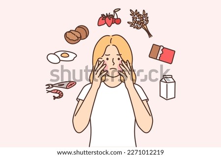 Unhappy girl with problems due to allergies and skin irritation or rash on face after eating. Allergies woman needs dermatologist help after experiencing symptoms caused by exotic food Royalty-Free Stock Photo #2271012219