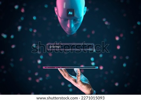 Artificial intelligence AI think about prompt (command) entered by AI user. Artificial intelligence represented by humanoid head with AI chip is waiting for prompt (assignment). Royalty-Free Stock Photo #2271015093
