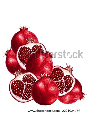 Composition of stacked pomegranates, hand drawn marker illustration isolated on white. For postcards, invitations, business cards, gift boxes and bags, scrapbooking, book illustrations, design etc.