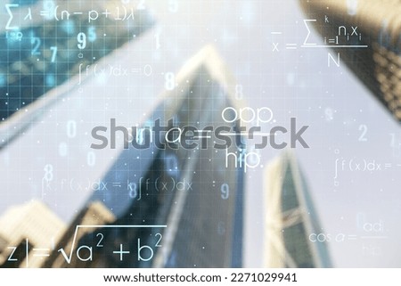 Scientific formula illustration on modern architecture background, science and research concept. Multiexposure