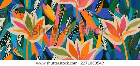 Modern colorful tropical floral pattern. Cute botanical abstract contemporary seamless pattern. Hand drawn unique print. Royalty-Free Stock Photo #2271030549