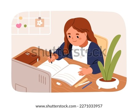 Kid doing homework. Cute school girl studying at home, learning, sitting at desk. Happy little primary child student, elementary schoolgirl character during self-education. Flat vector illustration Royalty-Free Stock Photo #2271033957
