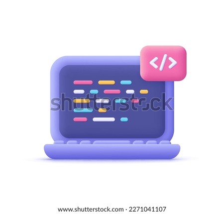 Computer laptop and program code development, coding screen. IT technologies, website programming, project data programming, software engineering concept. 3d vector icon. Cartoon minimal style. Royalty-Free Stock Photo #2271041107