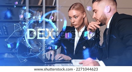 Businessman and businesswoman with laptop working together. Decentralized exchange hologram. Financial communication, blockchain. Concept of DEX and consulting