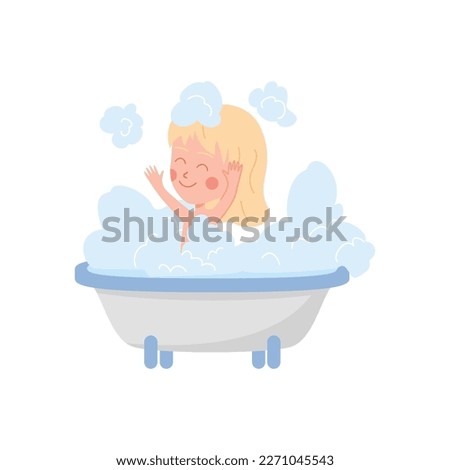 Happy baby girl in bath flat style, vector illustration isolated on white background. Child playing with foam, positive emotions, healthcare and hygiene