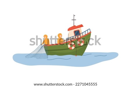 Fishermen on the sea catch fish with nets from a boat, flat cartoon vector illustration isolated on white background. Fishing hobby or industry emblem design.