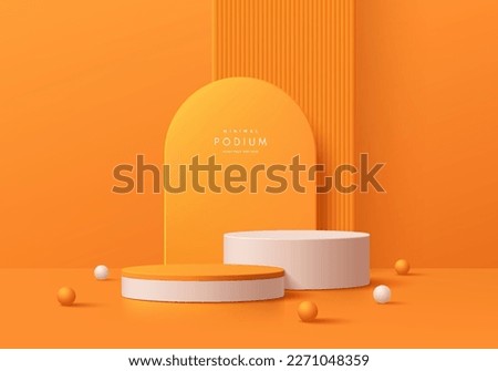 3D realistic orange and white cylinder pedestal podium background with geometric backdrop. Minimal wall scene mockup products stage for showcase, Banner promotion display. Abstract vector empty room. Royalty-Free Stock Photo #2271048359