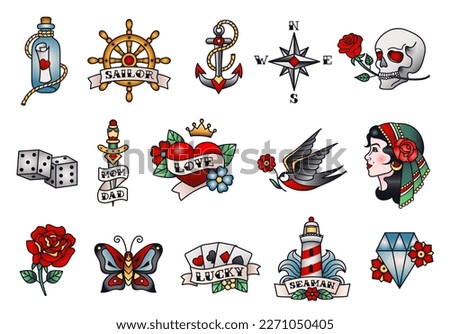 Old school tattoos. American or western traditional tattoo designs, sailor tattooing style vector Illustration set. Bottle with love letter, playing cards for luck, nautical anchor, romantic elements Royalty-Free Stock Photo #2271050405