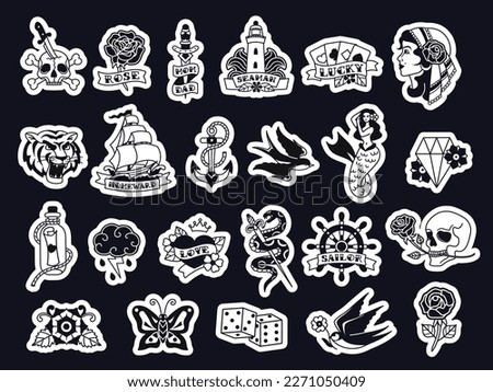 Old school tattoo. Retro sailor black outlines tattooing style, american traditional designs. Hand drawn flash tattoos vector illustration set. Isolated stickers as diamond, bird, nautical elements Royalty-Free Stock Photo #2271050409