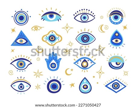 Evil eye symbols. Mystic Greek and Turkish eyes of evil malevolent glare, spiritual hamsa hand and magic amulet vector illustration set. Sacred traditional talisman for protection and luck Royalty-Free Stock Photo #2271050427