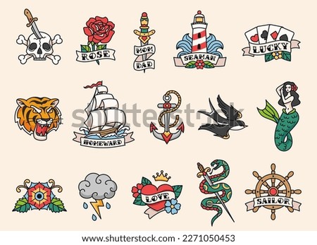 Sailor tattoo designs. Old school tattooing style, american traditional color tattoos with bold black outlines. Hand drawn vector illustration set. Colorful stickers as mermaid, rose and lighthouse Royalty-Free Stock Photo #2271050453