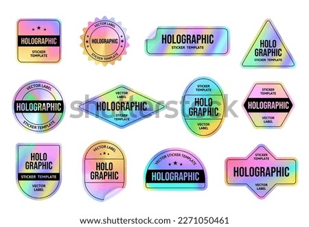 Holographic foil sticker. Holo emblem tags templates with iridescent color gradient, retro 90s vaporwave style labels vector set. Square, round and oval shapes for neon badge template Royalty-Free Stock Photo #2271050461