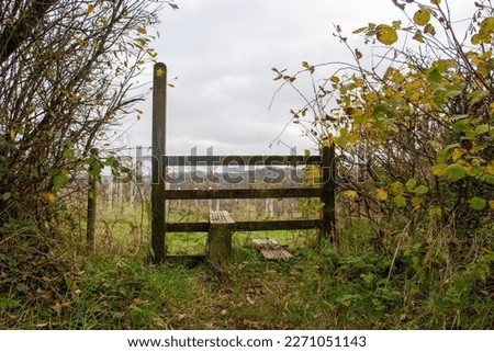 wooden stile over a fence with a hedge and trees in the distance