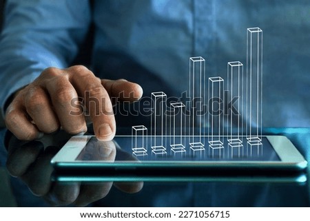finance and business analytics, growth concept, 3d wireframe chart on computer