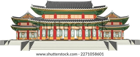 Hanok buildings isolated vector illustration set. Traditional Korean house design element collection. Ancient, classic asian town in cartoon style. Royalty-Free Stock Photo #2271058601