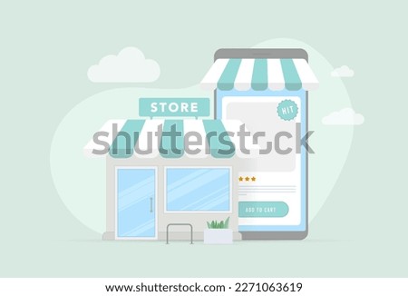 Hybrid shopping concept - customers make purchases both in physical retail and online store. Offline mole building and smartphone displaying open product card page. For e-commerce, retail visuals Royalty-Free Stock Photo #2271063619