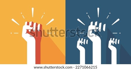 Fists hands up power pump icon old retro vector graphics illustration, strong crowd people protest revolution, rebel union win, solidarity rights fight poster, courage team, riot raised clenched palm Royalty-Free Stock Photo #2271066215