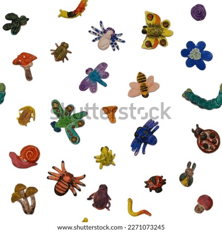 Funny insects on a white background. Seamless texture. Salt dough insects. Butterflies, spiders, dragonflies, flowers, handmade.