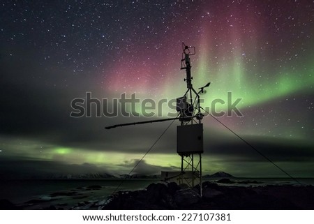 Remote Automated Weather Station - Arctic, Spitsbergen - Northern Lights Royalty-Free Stock Photo #227107381